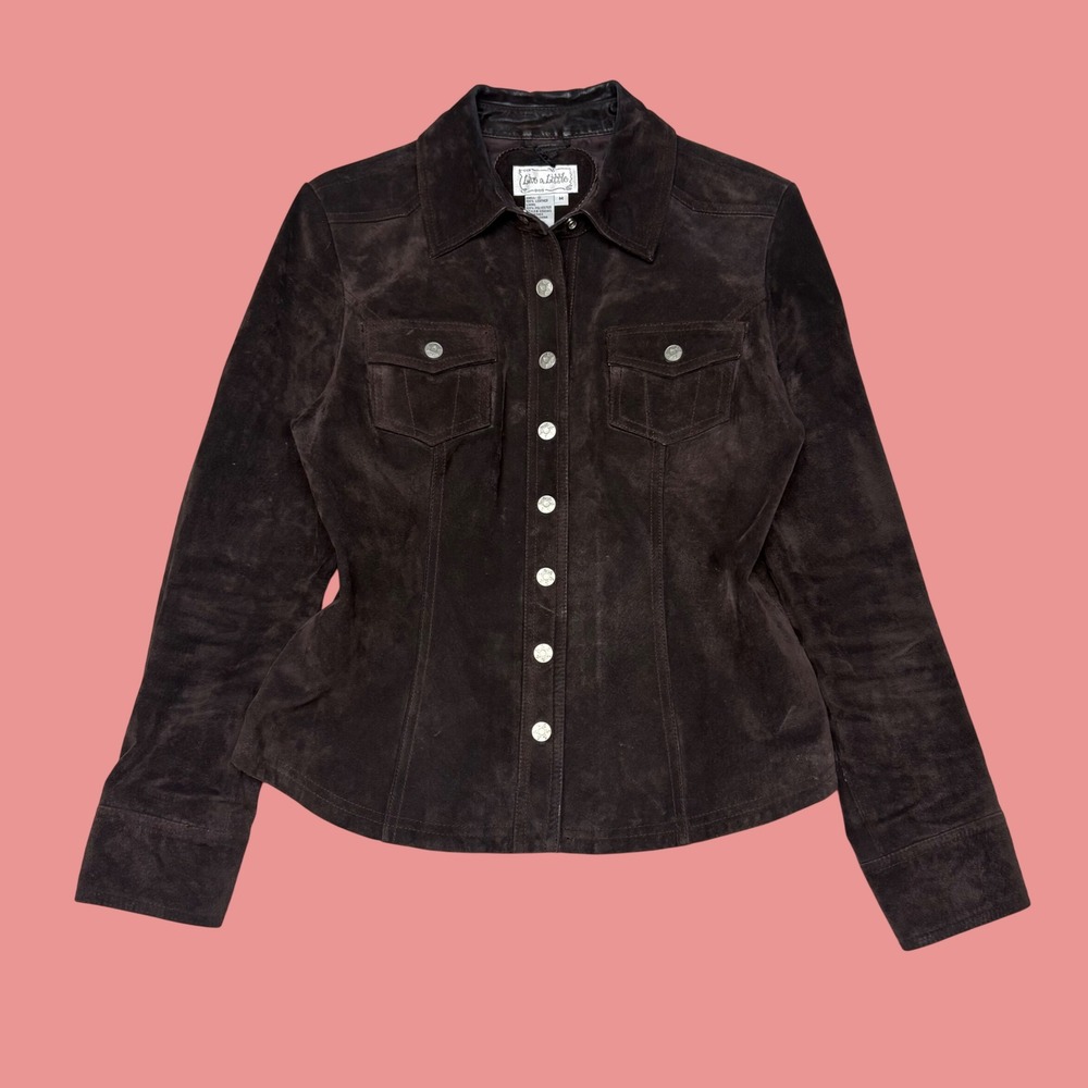 Live a Little Brown Suede Leather Jacket Women Medium Western Button Front